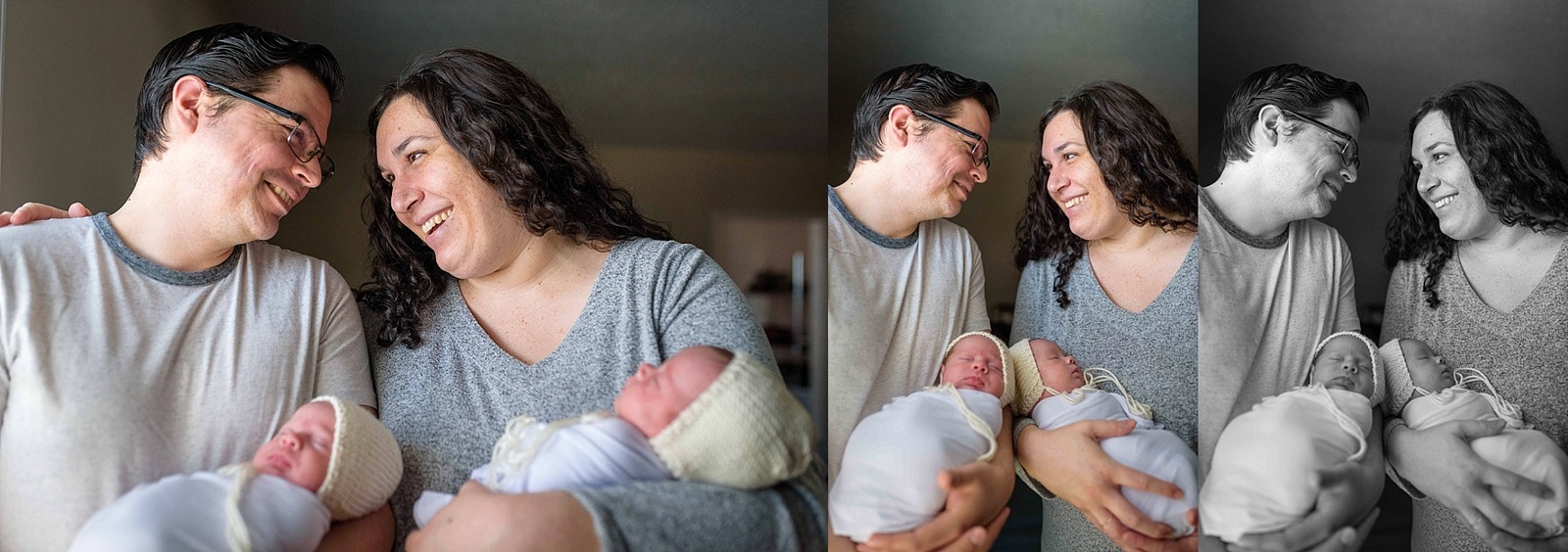 parents smile at each other as they hold their new twin babies