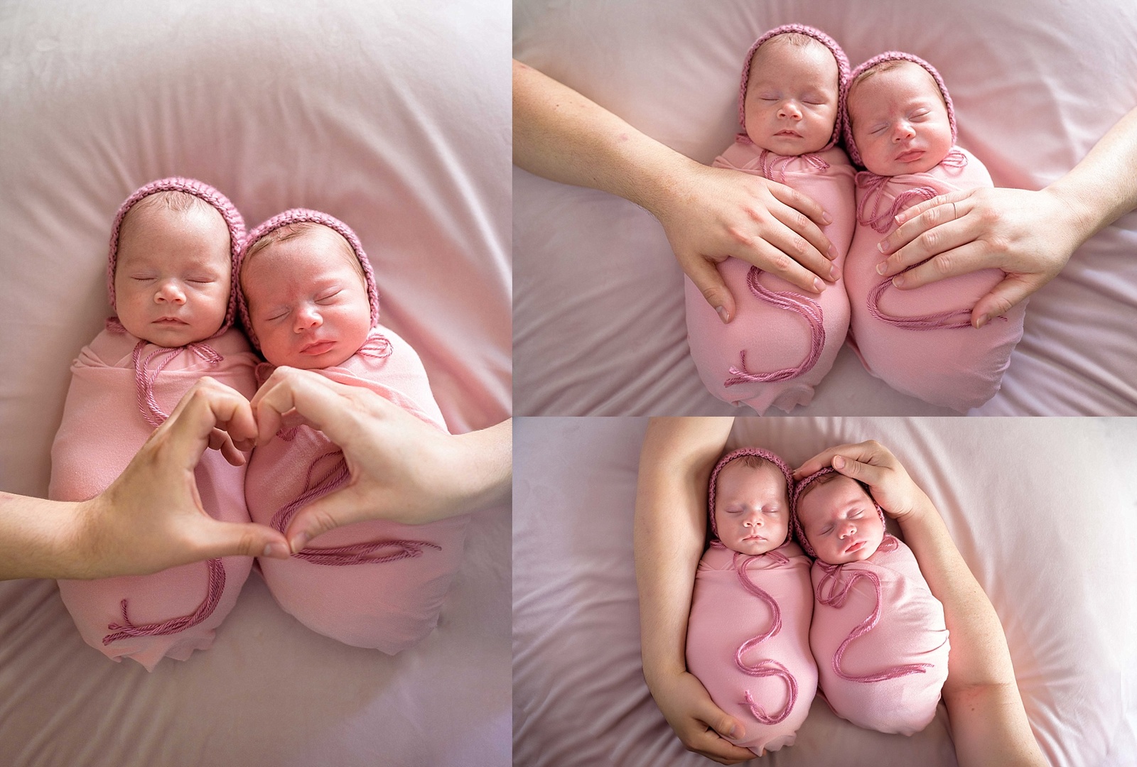 parents rest their hands on newborn twin girls during newborn photoshoot in Los Angeles California