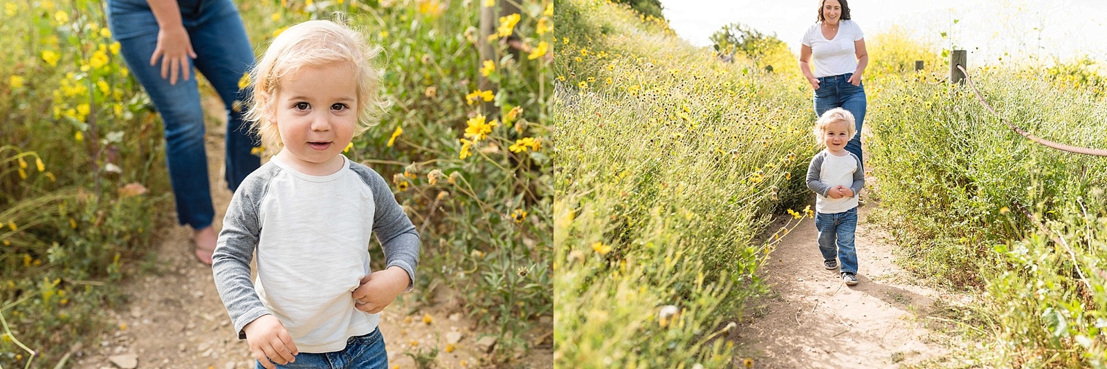 mom and toddler play in wildflowers in Palos Verdes