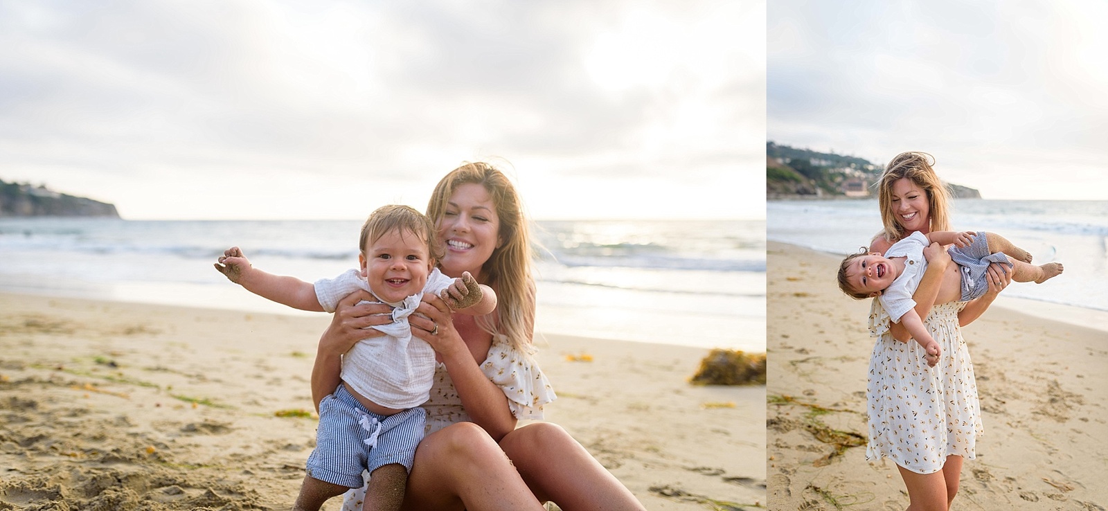 mom and baby play on the beach during milestone photo session