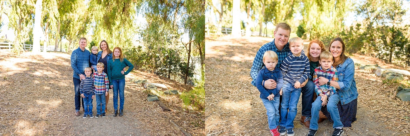 Family dressed cute for photos on wooded trail in Palos Verdes, CA